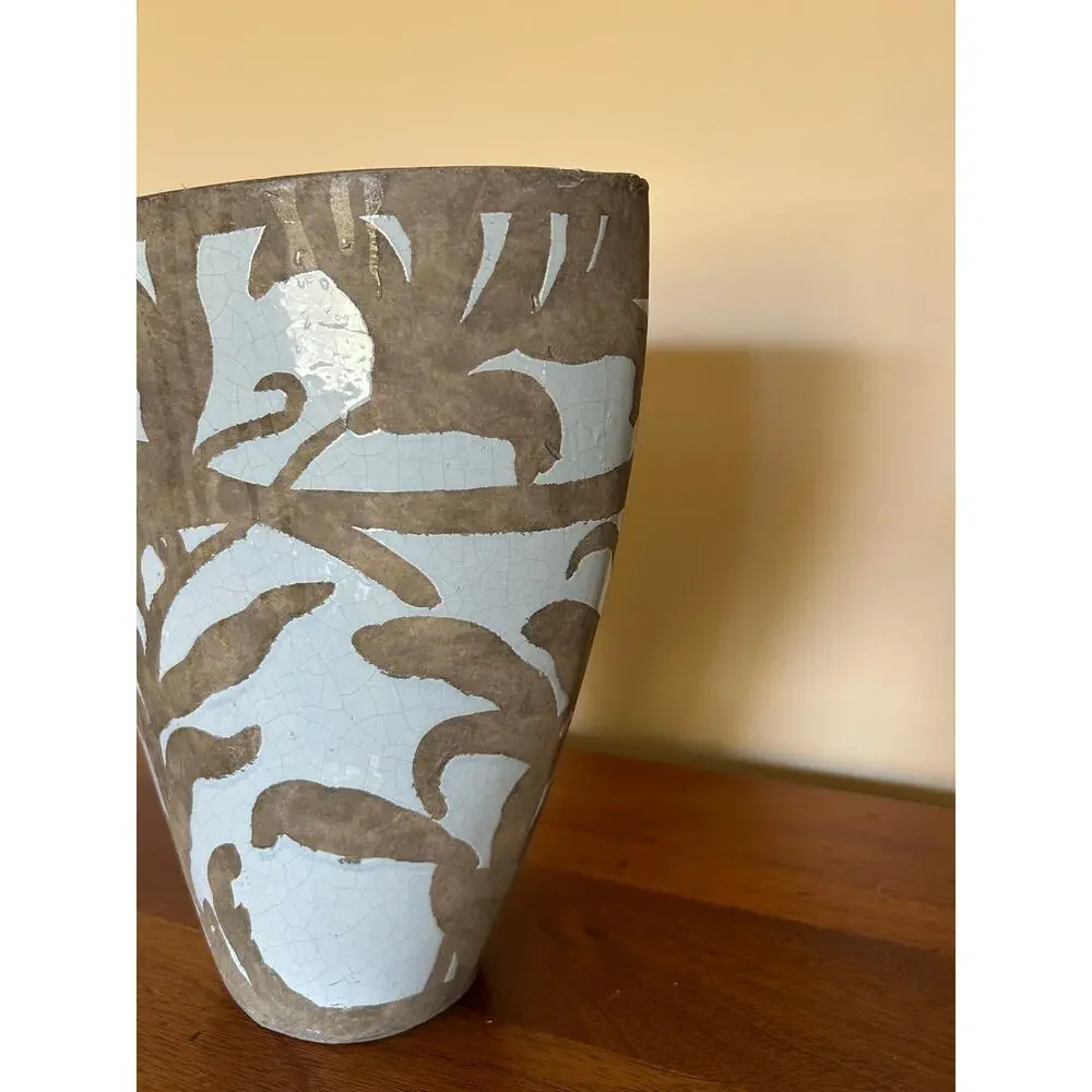 Vintage Sgraffito-style Ceramic Vase Blue Gray Leaf Floral Pattern